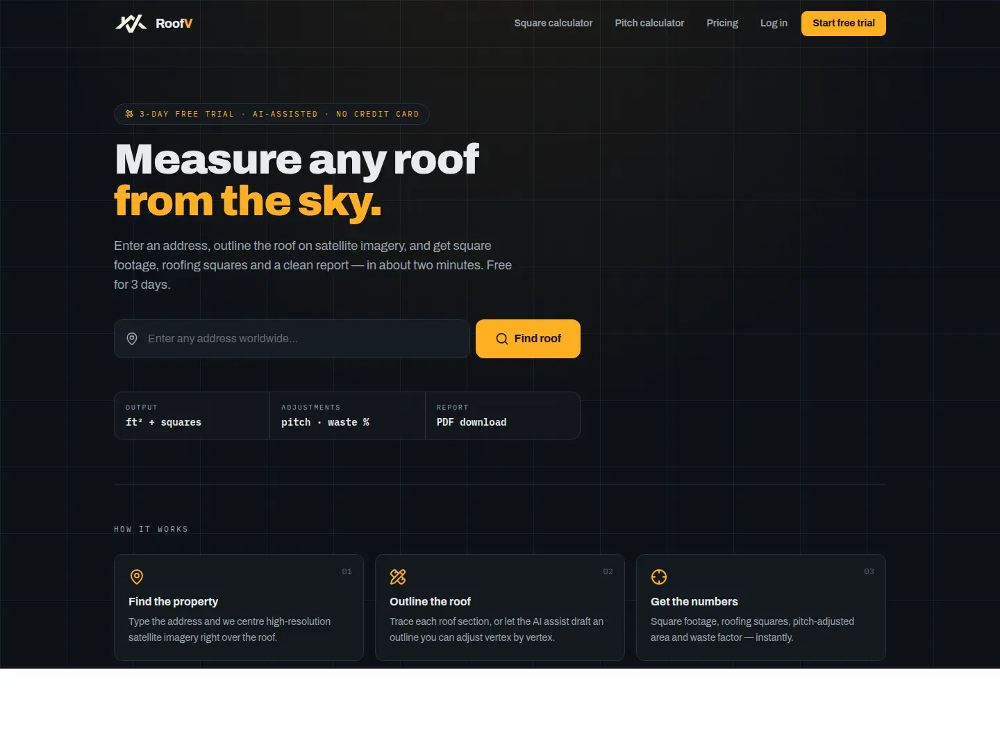 RoofV homepage showing an address search for free satellite roof measurements