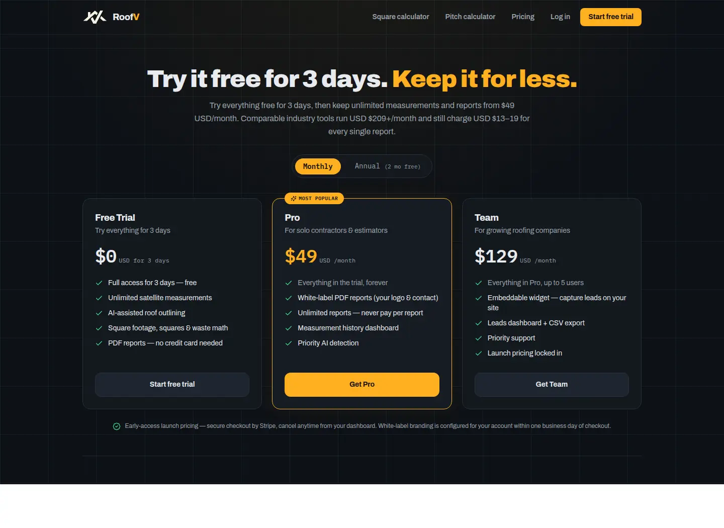 RoofV pricing page showing Free Trial, Pro, and Team plans