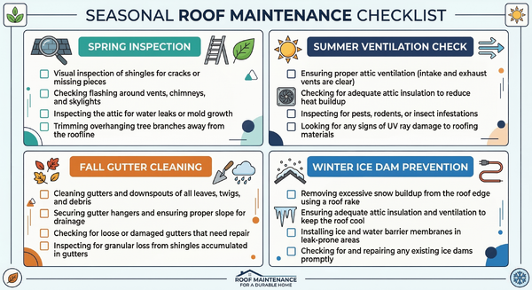 Four-season roof maintenance infographic showing spring, summer, fall, and winter tasks