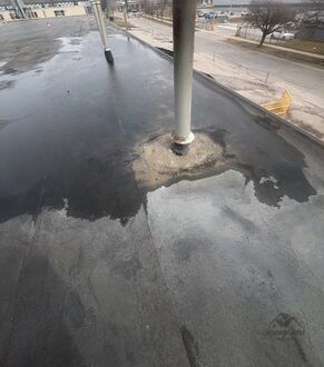 Ponding water reflecting on a flat roof in North York, ON