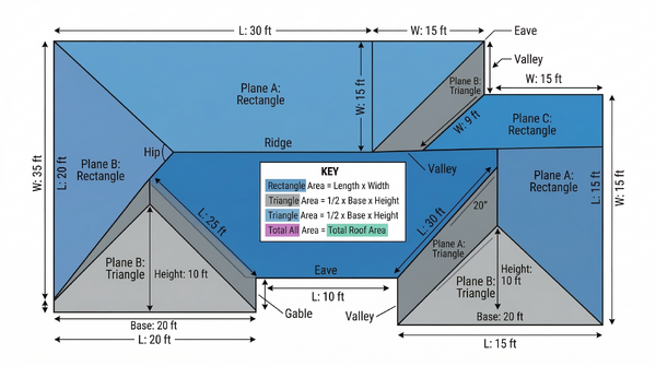 Overhead diagram of a roof divided into rectangular and triangular sections for area calculation