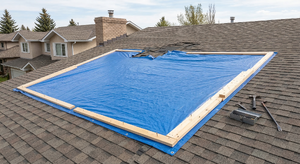 Blue tarp properly secured over storm-damaged section of residential roof
