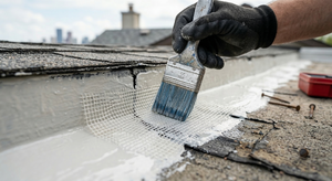 Reinforcement fabric embedded in roof coating over a flat roof seam for added strength
