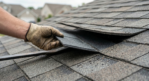 Sliding a new replacement shingle into position under the overlapping row above