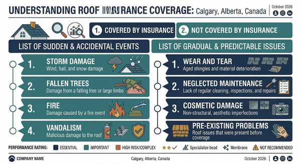 Infographic comparing what homeowner insurance typically covers versus does not cover for roof damage