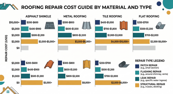 Chart breaking down roof repair costs by material type and repair category