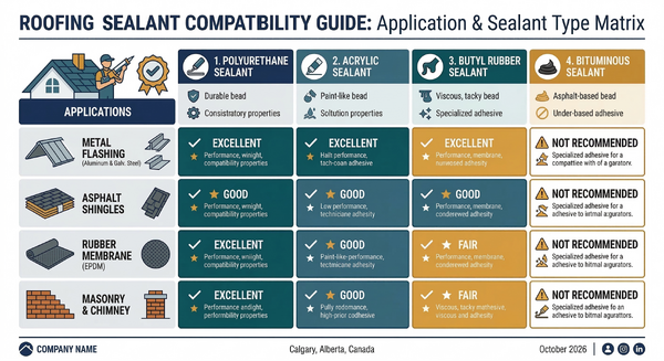 Infographic showing which roofing sealants are compatible with different roofing materials and applications
