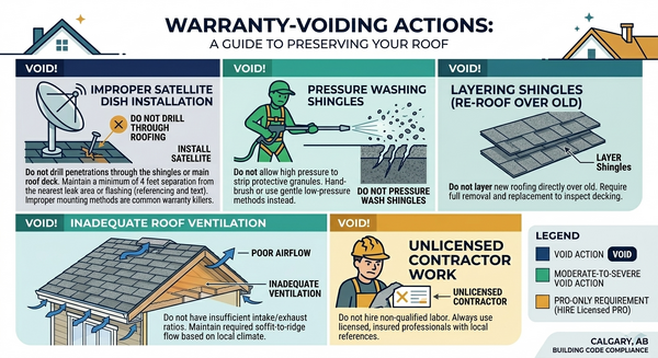 Infographic of common actions that void a roof warranty including improper ventilation and unauthorized repairs
