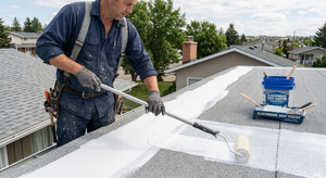 Applying white reflective roof coating to a flat roof surface using a heavy-nap roller
