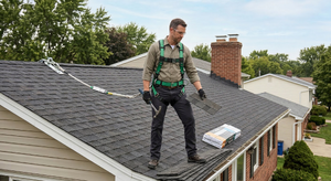 Homeowner wearing fall protection harness anchored to roof ridge with rope lanyard
