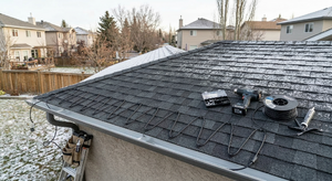 Heat cable installed in zigzag pattern along roof eave and through gutter to prevent ice dams