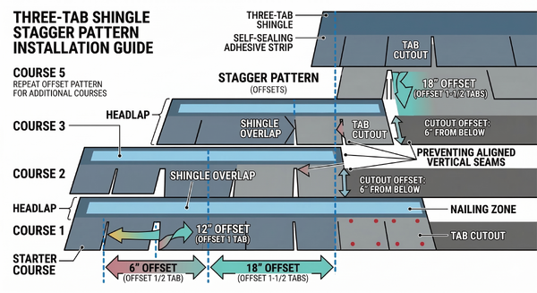 Diagram showing proper shingle offset pattern with 6-inch stagger between courses