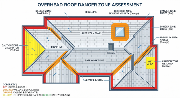 Diagram highlighting dangerous zones on a roof including edges, valleys, and wet areas