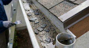 Asphalt shingle granules accumulated in rain gutter indicating roof wear