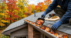 Cleaning fall leaves from a rain gutter as part of roof winterization preparation