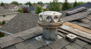 Hail damage dents visible on a metal roof vent after a hailstorm