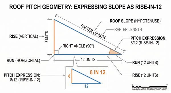 Diagram explaining roof pitch as the ratio of vertical rise to horizontal run