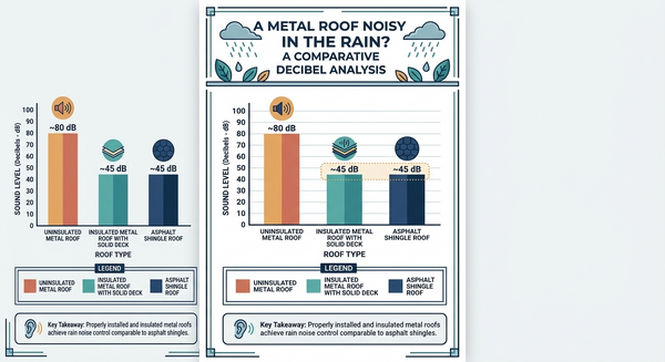 Decibel level comparison chart for rain noise on metal versus asphalt shingle roofs with and without insulation