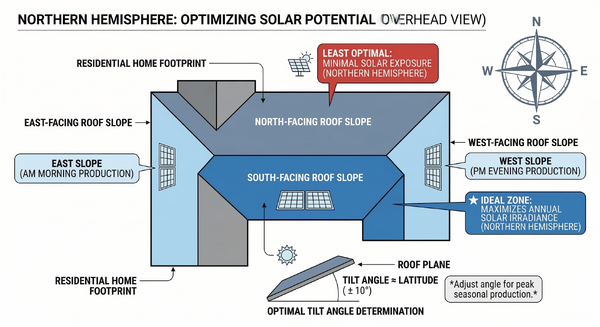 Diagram showing optimal roof orientation and tilt angle for solar panel installation in North America