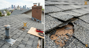 Example showing a wide establishing shot and a detail close-up of the same roof damage area
