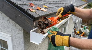 Gloved hand using a gutter scoop to remove debris from a rain gutter