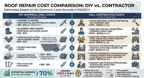 Side-by-side cost comparison of DIY roof repair versus hiring a professional contractor