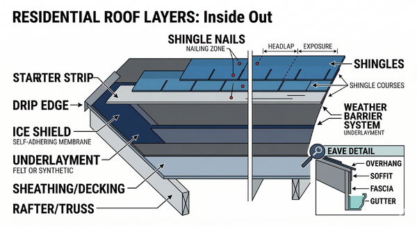 Cross-section diagram of roof layers from rafters to shingles showing deck, underlayment, and shingle installation order