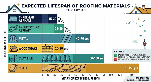 Bar chart comparing the expected lifespan of different roofing materials from asphalt to slate