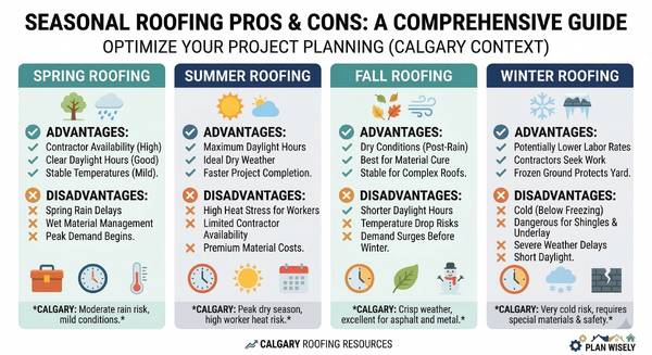 Chart listing the pros and cons of roofing in each season: spring, summer, fall, and winter