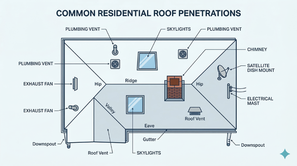 Diagram identifying common roof penetrations including vents, pipes, skylights, and antenna mounts