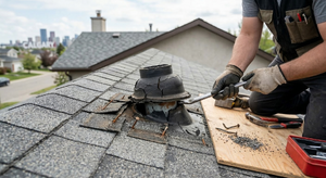 Lifting shingles and removing old deteriorated vent pipe boot from around plumbing vent