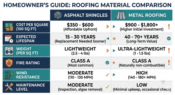 Infographic comparing roofing materials by cost, lifespan, weight, durability, and maintenance requirements