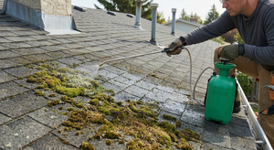 Spraying diluted bleach solution on mossy roof shingles using a garden sprayer