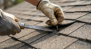 Using a flat pry bar to carefully lift the shingle tab above the damaged shingle