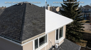 Before and after comparison of a flat roof showing the worn surface versus freshly coated white surface