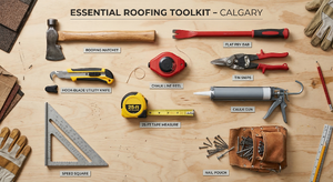 Complete homeowner roofing toolkit including hammer, pry bar, utility knife, chalk line, tin snips, and caulk gun