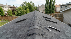 Completed ridge cap installation showing clean finished ridge line on an asphalt shingle roof