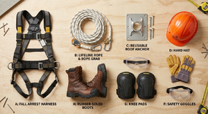 Complete roofing safety gear laid out including fall protection harness, rope, anchor, hard hat, gloves, and goggles