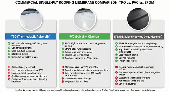 TPO vs EPDM vs PVC roofing membrane comparison chart showing pros and cons of each single-ply roofing system