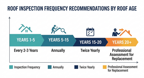 Chart showing how inspection frequency should increase as a roof ages from new to 20+ years