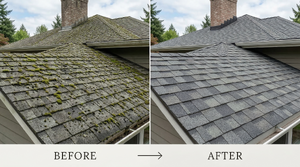 Before and after comparison of a roof section showing moss removal results