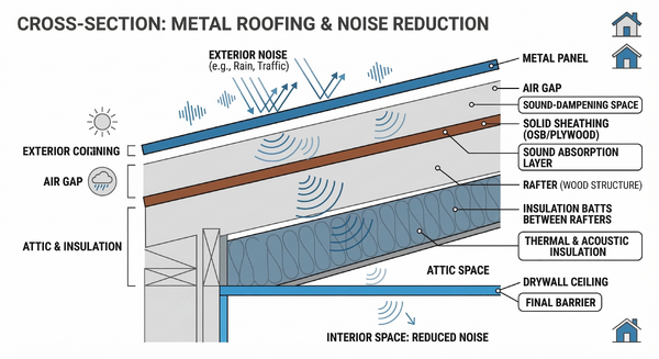 Cross-section diagram showing insulation and decking layers that reduce rain noise on a metal roof