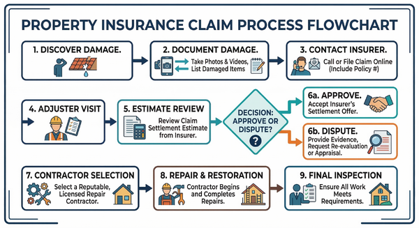 Step-by-step flowchart of the roof insurance claim process from damage to settlement