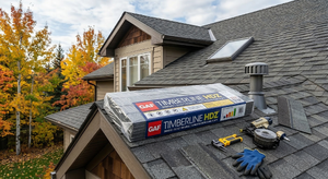 Bundle of asphalt shingles with packaging showing coverage area per bundle and per square