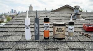 Different types of roofing sealants and adhesives lined up: silicone, polyurethane, butyl rubber, asphalt-based, and acrylic