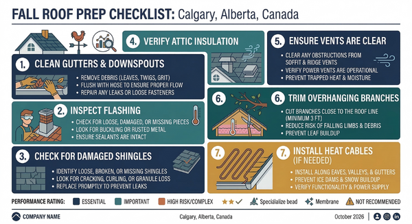 Infographic checklist of fall roof winterization tasks to prepare for winter weather