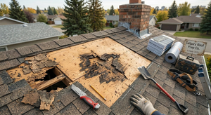 Roof tear-off in progress revealing damaged and rotted sheathing hidden under old shingles