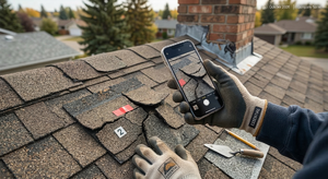 Homeowner using a smartphone to photograph roof damage for an insurance claim