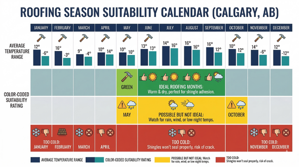 Seasonal calendar showing optimal temperature ranges for roofing work throughout the year