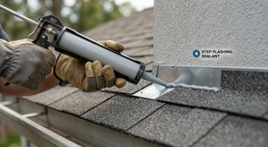 Applying roofing sealant to the edge of step flashing where it meets the wall